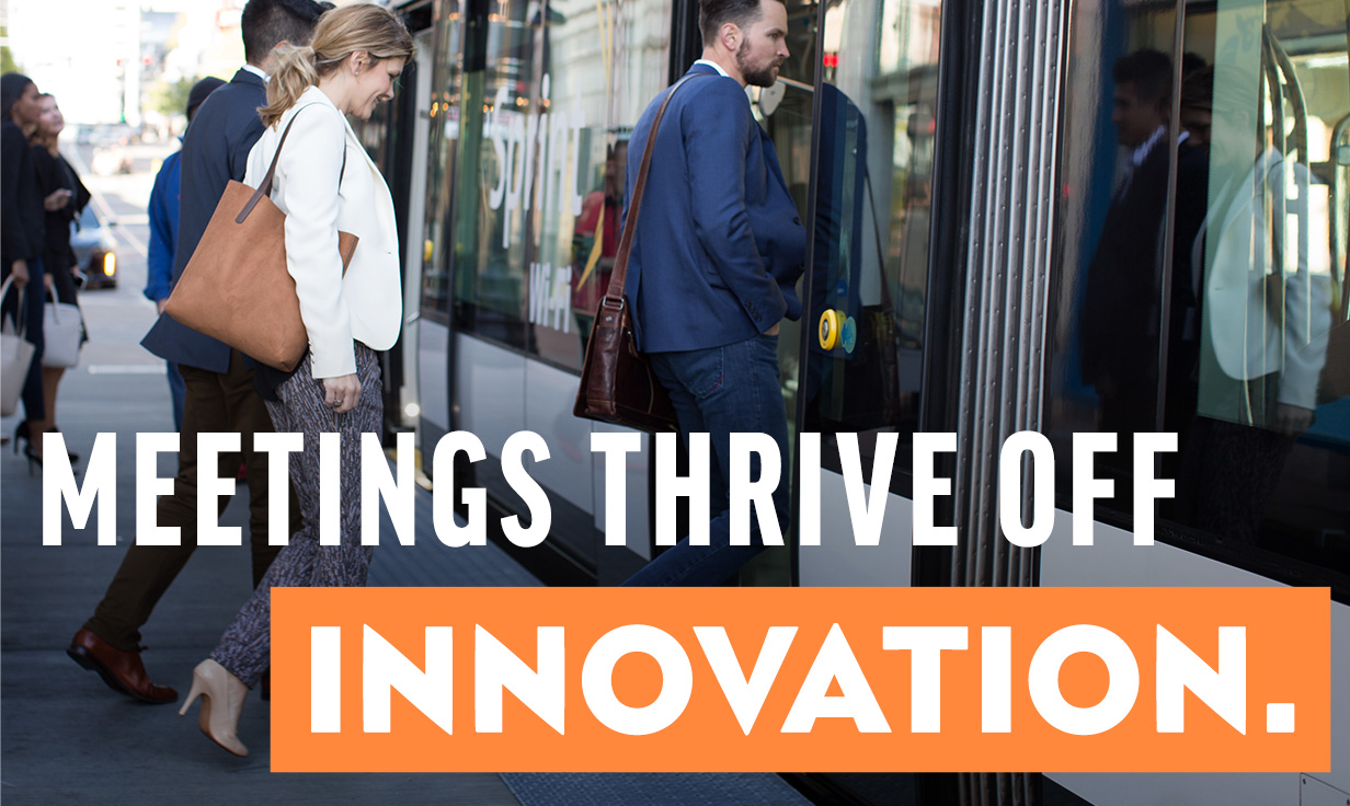 An image of a group getting onto a streetcar. A headline reads: Meetings Thrive Off Innovation.