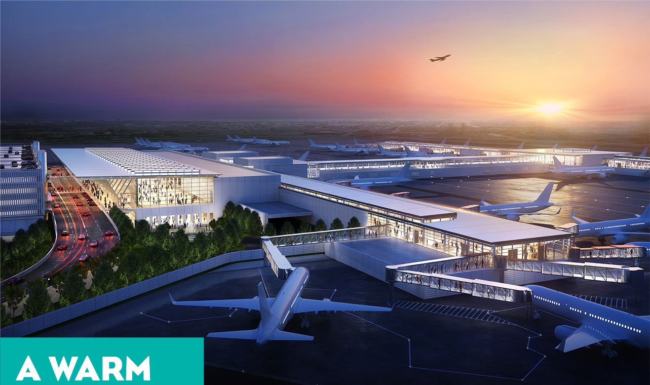 An artist rendering of the Kansas City International Airport - the tagline reads: A Warm Welcome