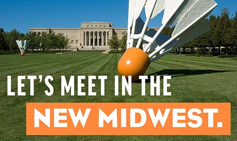 An image of the shuttlecock sculpture in the lawn of the Nelson Art Gallery. A headline reads Let's Meet In The New Midwest.