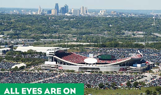 An aerial shot of Arrowhead Stadium - the tagline reads: All Eyes Are On Kansas City