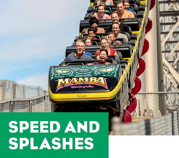 People riding a roller coaster - the tagline reads Speed and Splashes