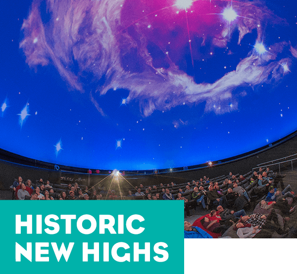 Stars and nebulae on the screen of the planetarium - a tagline reads Historic New Highs