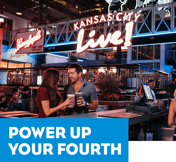 A couple enjoying drinks at an outdoor bar - a tagline reads Power Up Your Fourth
